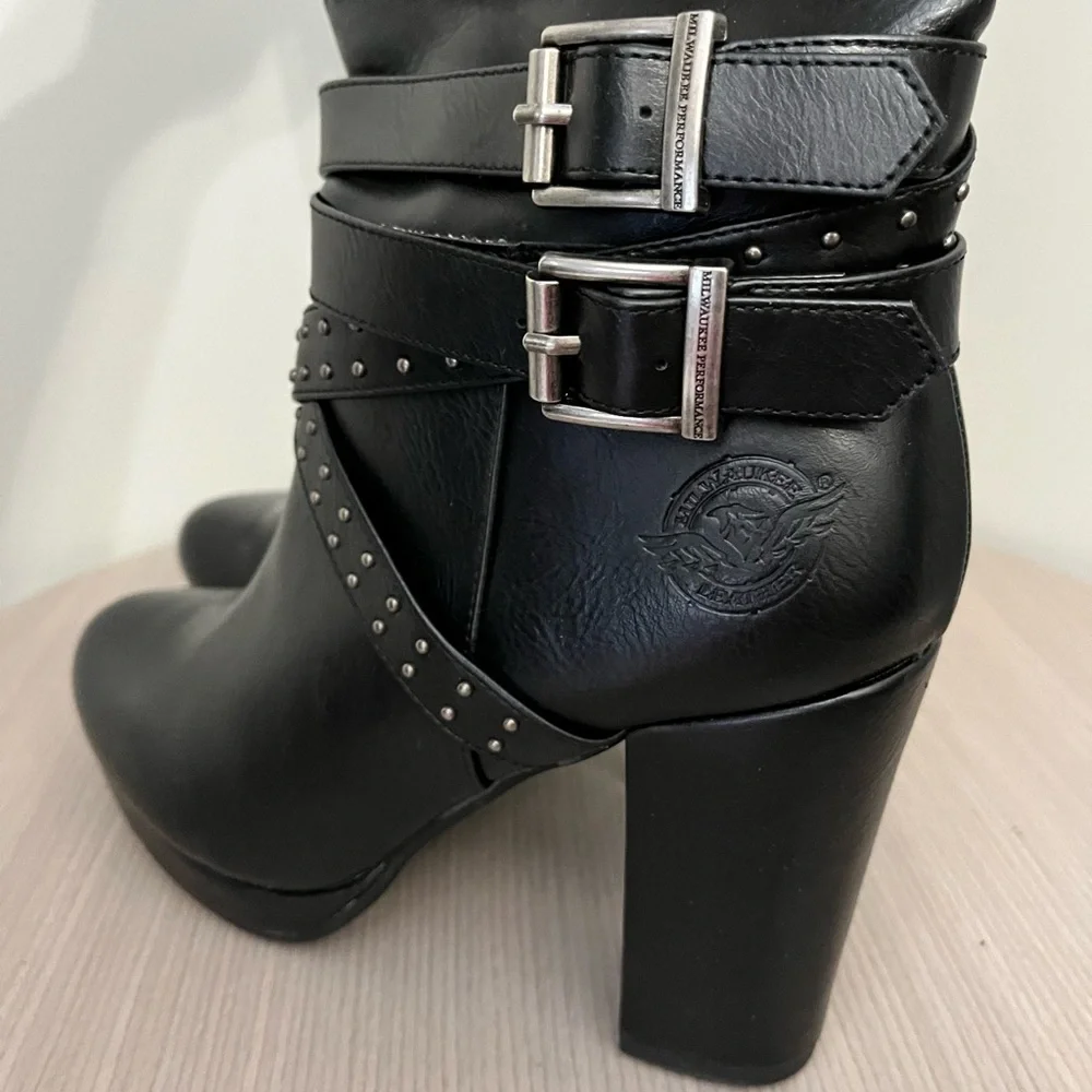 Milwaukee Leather Women’s Tall Black Studded Platform Heel Boots - Picture 10 of 14